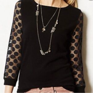 Anthropologie Black Crew Neck Sweater with Mesh Circle Print 3/4 Sleeves Size LG